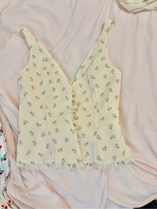 Mirror Palais Tops - Mirror Palais Cream Floral Lace-Up Camisole